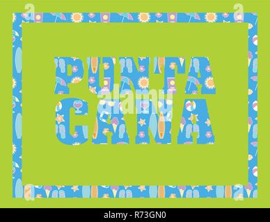 Punta Cana lettering on green backround. Vector tropical letters with colorful beach icons on light blue backround Stock Vector
