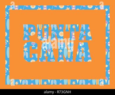 Punta Cana lettering on orange backround. Vector tropical letters with colorful beach icons on light blue backround Stock Vector