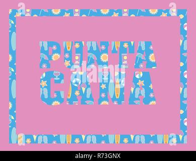 Punta Cana lettering on pink backround. Vector tropical letters with colorful beach icons on light blue backround Stock Vector