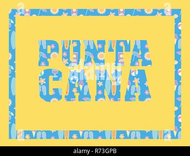 Punta Cana lettering on yellow backround. Vector tropical letters with colorful beach icons on light blue backround Stock Vector
