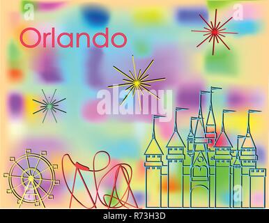 Orlando Icons multicolor line on abstract colorful background. Roller Coaster, Big Wheel, Castle and fireworks Stock Vector