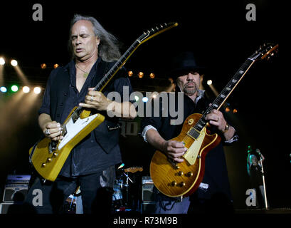 Rickey Medlocke (L) and Gary Rossington of Lynyrd Skynyrd perform in concert at the Pompano Beach Amphitheater in Pompano Beach, Florida on April 14, 2007. Stock Photo