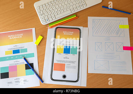 Creative sketch planning application process development prototype wireframe for web mobile phone. Landing page for new website. User experience conce Stock Photo