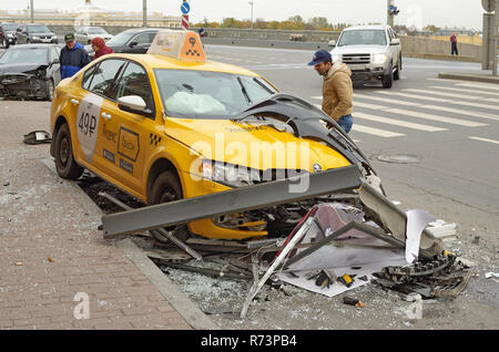 Russia.Saint-Petersburg.Russia.November.16.2016.The taxi driver did not cope with driving and crashed into a pedestrian sign. Stock Photo