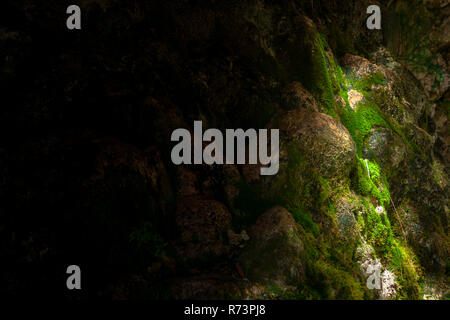 Mysterious light on rock wall with ground moss and water drops along the mountain wall Stock Photo