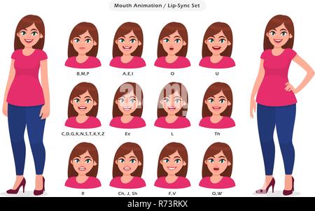 Lip sync collection for animation. Set of the mouth position for talking character animation. Concept illustration in vector cartoon style. Stock Vector