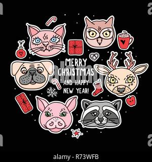 Set stickers animal face. Merry Christmas and Happy New Year card on black. Vector hand drawn heads holidays design Stock Vector