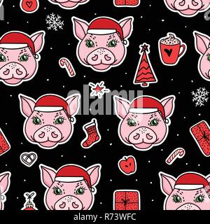 Pig heads in santa hat. Vector new year hand drawn seamless pattern. Christmas holidays design. Stock Vector