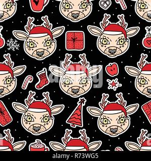 Deer Heads in hat hand drawn. Vector new year seamless pattern. Christmas holidays design. Stock Vector