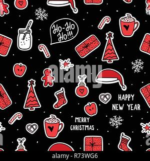 Vector new year seamless pattern. Christmas symbols holidays design. Stikers on dark background. Stock Vector