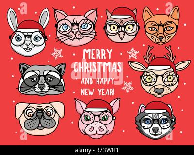 Red card Merry Christmas Set Cute animals heads isolated on red. Holiday design characters with glasses Vector hand drawn Stock Vector