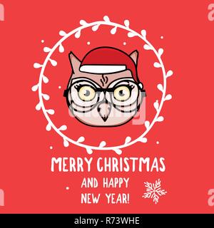 Vector Owl character with glasses. Merry Christmas. Card with cute animal head isolated on red. Holiday hand drawn design Stock Vector