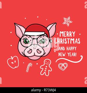 Vector Pig character symbol of the year with glasses. Merry Christmas. Card with cute animal head isolated on red. Hand drawn design Stock Vector