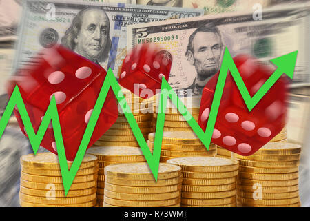 Business chart with arrow going up on background of golden money stacks, dollar notes and rolling dices showing gambling with economy Stock Photo