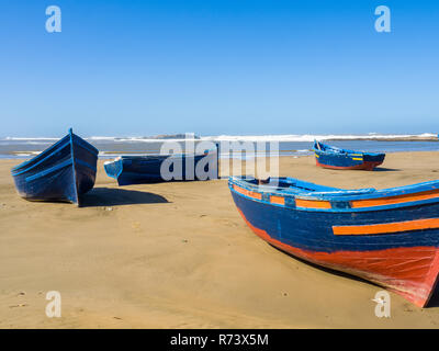 Fishing boats on Bhaibah beach near Essaouira, Morocco Stock Photo