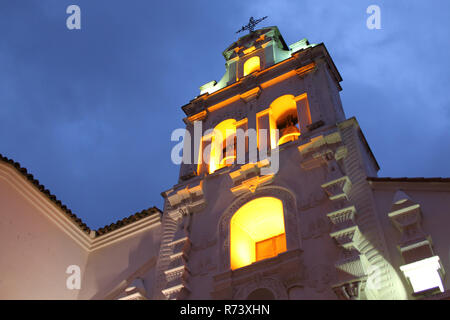 San Miguel temple at night in Sucre Bolivia. Bolivia capital city religious temple Stock Photo