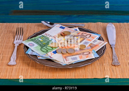 A plate full of money ready to be eaten with cutlery on top of an Asian tablecloth.