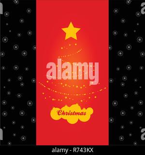 Abstract Christmas Tree Yellow Silhouette Made of Stars and Baubles on Red Panel Over Black Background with Snowflakes Stock Vector