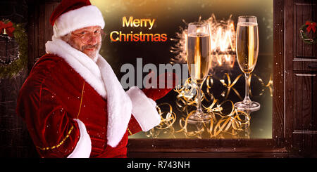 Christmas, holidays, gesture and people concept - The man in costume of santa claus over night city background and glasses with champagne against holiday lights - New Year background Stock Photo