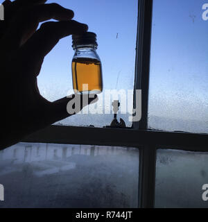 Hand holding 'driver's dram' of whisky, on Islay, Scotland, UK Stock Photo