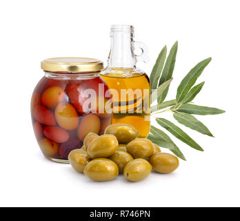 Marinated olives with oil. Isolated on white background. Stock Photo