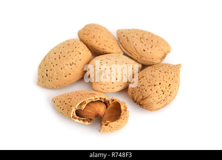 Almond in shell and shelled isoalted on white background. Stock Photo