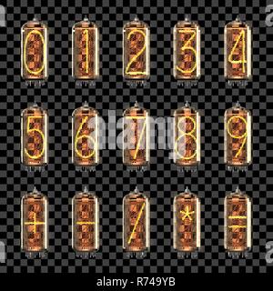 Numbers and math symbols lit up on retro-styled Nixie tube indicator lamps, includes transparency. Vector illustration. Stock Vector