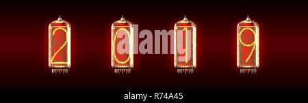 Nixie tube indicator lamp with number 1 lit up, as retro-styled alphabet, includes transparency. Vector illustration. Stock Vector