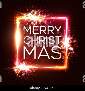Christmas lights background. Square neon frame. Glowing decoration border with sparkle flash particles explosion. Celebrating Xmas text with glitch effect on red backdrop. Color vector illustration. Stock Vector