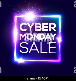 Cyber Monday text inscription in neon style on dark blue background. Square background with abstract lights and sparkles. Discount card for internet online shopping. Colorful sale vector illustration. Stock Vector