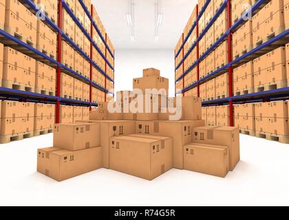 Warehouse shelves filled with large palettes and a pile of boxes on the floor. 3D illustration. Stock Photo