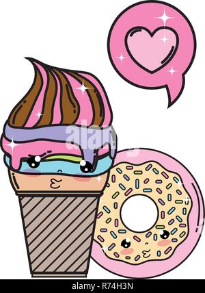 cute ice cream with donut and heart kawaii Stock Vector