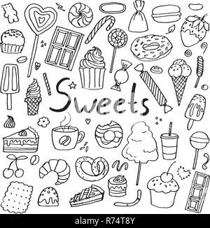 Set of hand drawn doodle sweets. Chocolate, candy, cake, ice cream and other. Collection of design elements Stock Vector