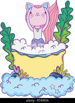 cute purrmaid in bathtub Stock Vector