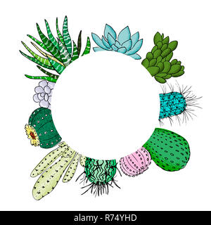 Succulent cactus set in circle artboard. Place for text. agave, aloe, gastraea, echeveria, Pachyphytum, prickly pear Stock Photo