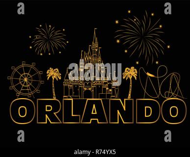 Orlando gold lettering on black backround .  Vector with travel icons and fireworks. Travel Postcard. Stock Vector