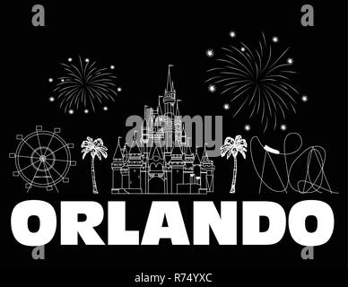 Orlando white lettering on black backround .  Vector with travel icons and fireworks.  Travel Postcard.. Stock Vector