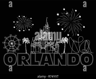 Orlando white lettering on black backround .  Vector with travel icons and fireworks.  Travel Postcard. Stock Vector