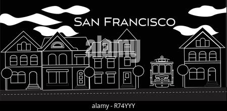 San Francisco white lettering. Vector with  victorian houses and cable car on black background. Travel Postcard. Stock Vector