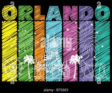 White Orlando design on colorful scribbled background. Vector with travel icons and fireworks. Travel postcard Stock Vector