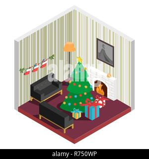 Room isometric with christmas tree,fireplace, santas boot for sweets,and gifts, top view.Home decoration for the holiday Merry Christmas or New year s Stock Vector