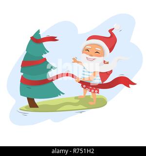 Santa Claus on surfboard holding Christmas tree from ribbon with gifts in backpack isolated over white cartoon character Santa Claus.Merry Christmas a Stock Vector