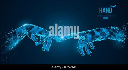 Abstract two hands touching moments from particles, lines and triangles on blue background. Technology. Elements on a separate layers color can be changed to any other in one click vector illustration