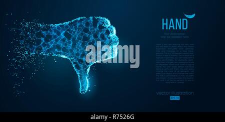 Abstract silhouette of a hand finger down from particles, lines and triangles on blue background. Elements on a separate layers color can be changed to any other in one click. Vector illustration Stock Vector
