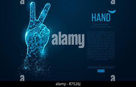 Abstract silhouette of a hand two fingers, victory symbol from particles triangles on blue background. Elements on a separate layers color can be changed to any other in one click. Vector illustration Stock Vector