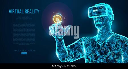 VR headset holographic projection virtual reality glasses, helmet. Low poly wire outline geometric vector illustration. Particles, lines and triangles on blue background. Neon light. Stock Vector