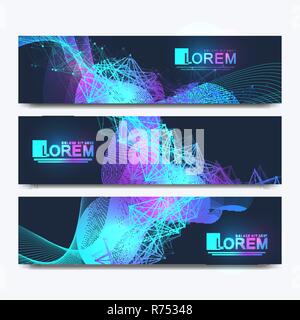 Abstract vector set of modern web site banners. Scientific cybernetics background with a colored dynamic waves, lines, dots and particles. Wave flow. Molecule and communication background Stock Vector