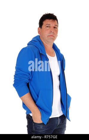 Middle age man standing in blue hoody Stock Photo