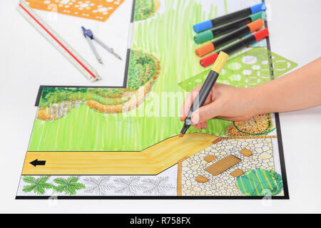 Backyard garden and patio design plan. Stock Photo