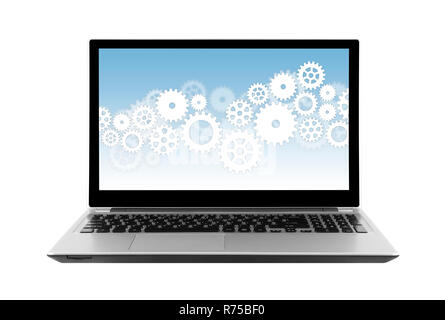 Gears on laptop screen isolated on white with clipping path Stock Photo